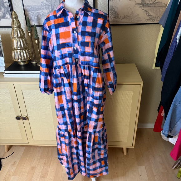 MAEVE ANTHROPOLOGIE The Bettina Tiered Shirt Dress Buttondown Blue Plaid Size XS - Picture 3 of 12
